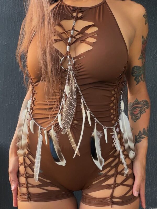 COCOA ROMPER WITH CHAIN & FEATHERS (MADE TO ORDER)
